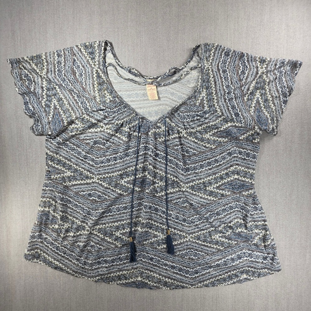 Faded Glory Top Women 4X Blue Geometric Tassel V-Neck Flutter Sleeve FGW37065PR